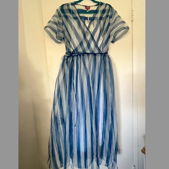 STAUD Flippa Blue & White Stripe Organza Wrap Midi Dress NWT - Picture 3 of 15